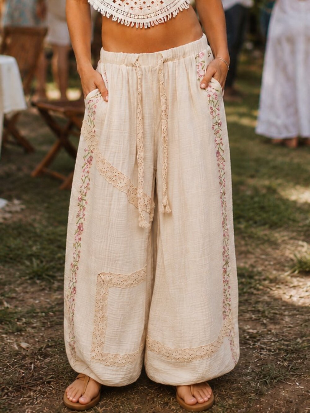 POL Boho Breezy Lace & Floral Gauze Billowy Elastic Waist Patchwork Genie Pants